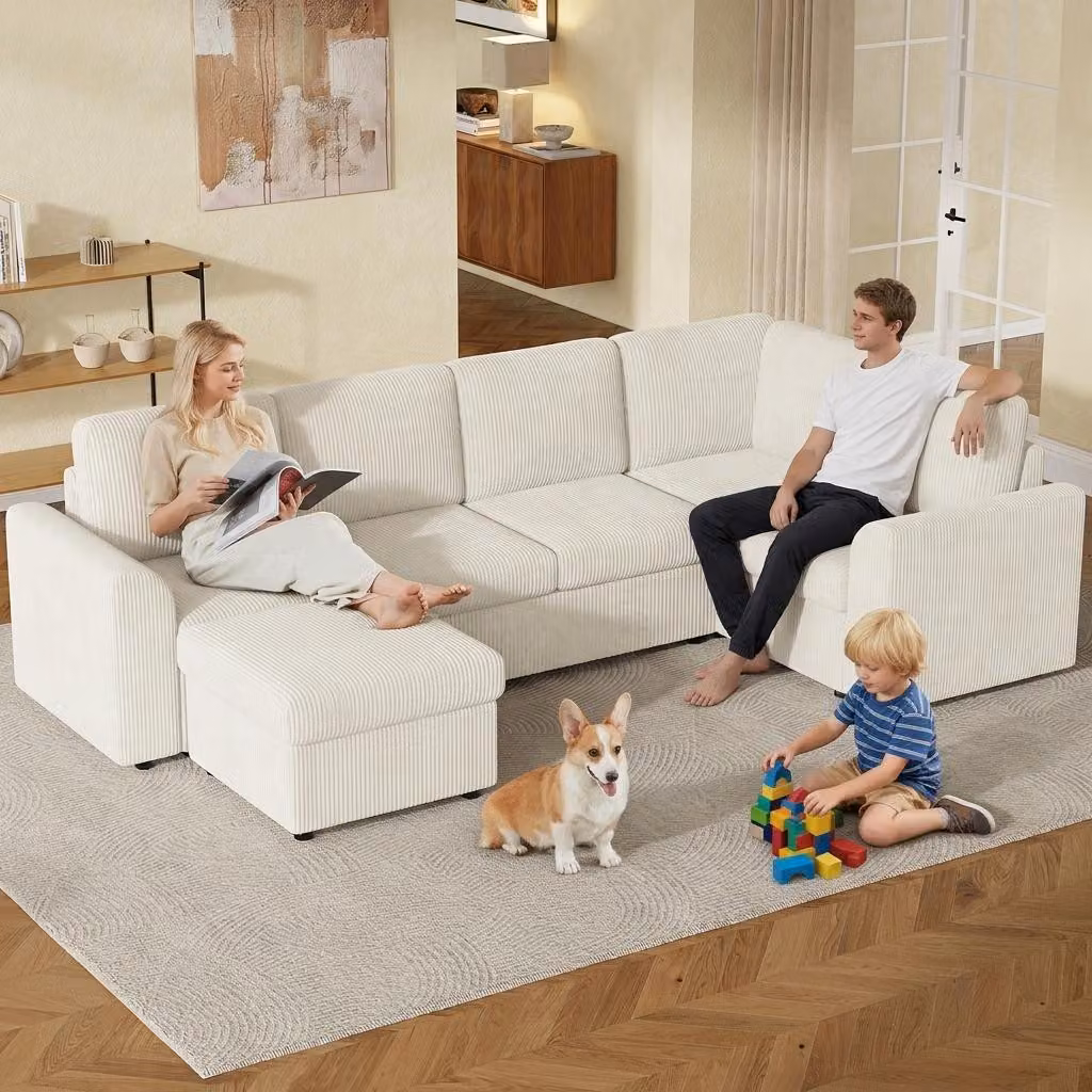 Divano ad angolo a U Merax a 4 posti con 2 pouf contenitori, divano letto modulare, divano in ciniglia, divano per soggiorno e camera degli ospiti, beige