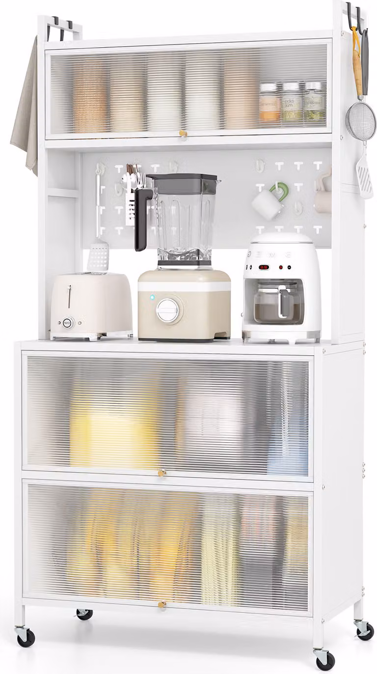 KOMFOTTEU: mobile da cucina a 5 ripiani, credenza con 4 ganci e 10 tasselli, mobile da cucina con piano di lavoro e ante, credenza da cucina con 4 rotelle universali (80 x 40 x 160 cm, bianco)