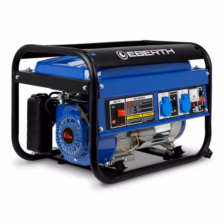 Generatore di corrente di emergenza EBERTH 3000 watt Generatore di corrente con motore a benzina da 6,5 CV, 4 tempi, raffreddato ad aria, 2x 230V, 1x 12V, avviamento a strappo, AVR
