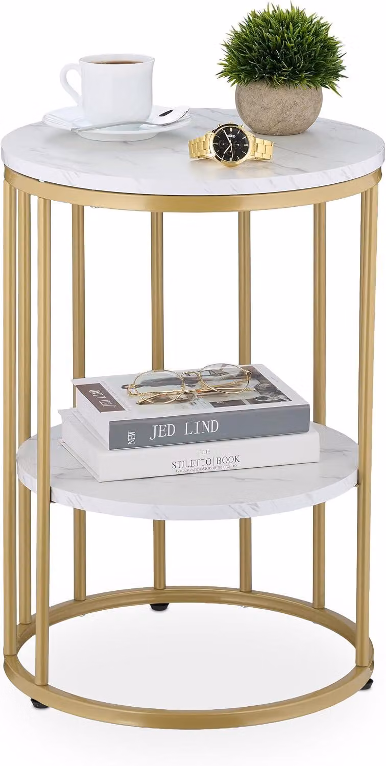 Tavolino laterale effetto marmo - Spazio contenitivo - Salotto - Metallo - MDF - Tavolino rotondo - Altezza x Diametro: 57x40 cm - Bianco e oro