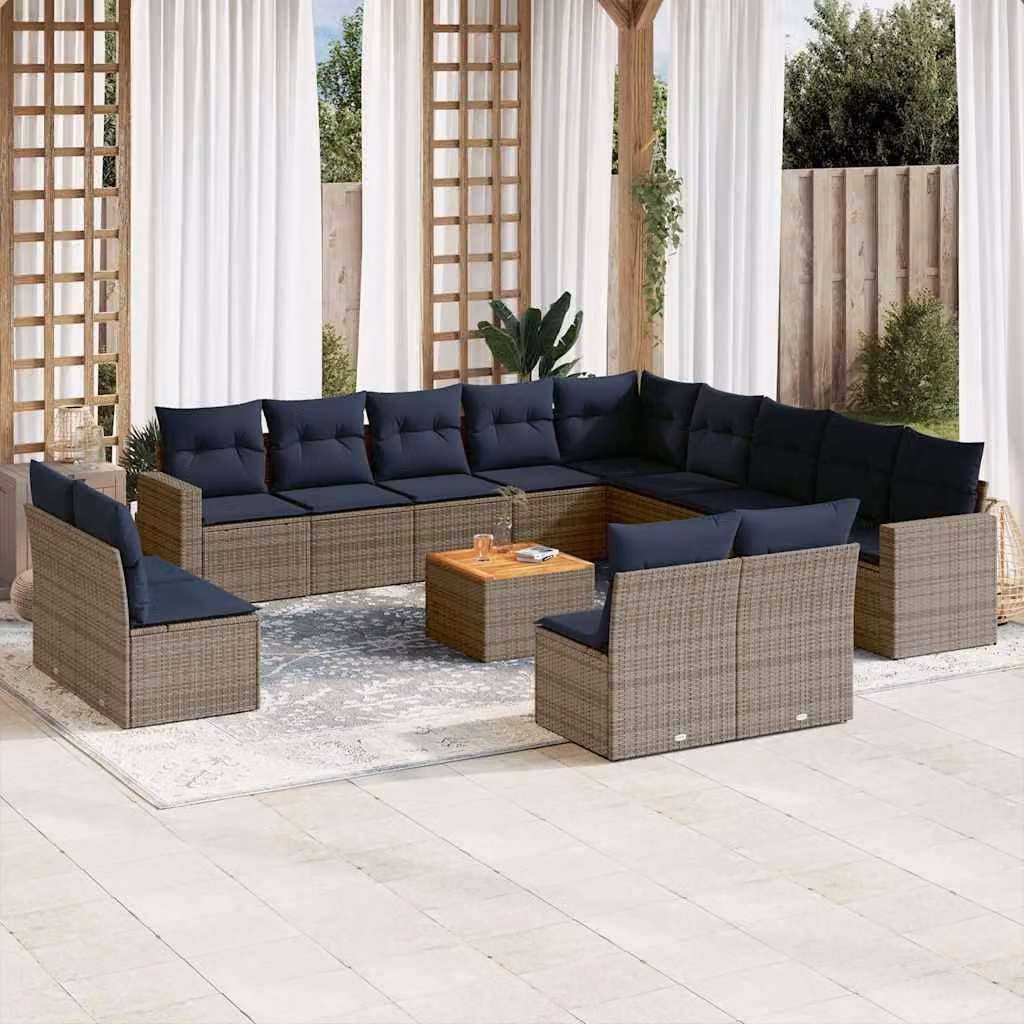 vidaXL Set Divani da Giardino a Forma di U in Polyrattan Grigio con Cuscini e Tavolino da Esterno – 1