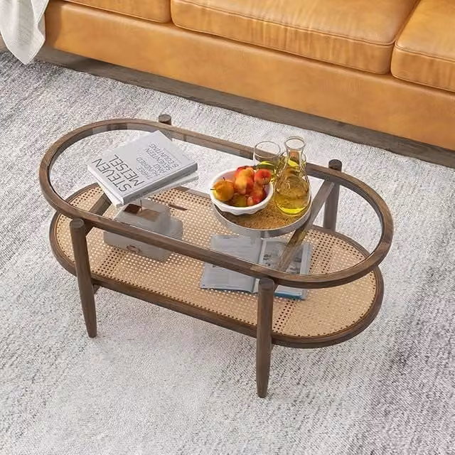 Costway Tavolino da caffè a 2 piani in rattan PE con cornice in legno d'acacia e piano in vetro Marrone