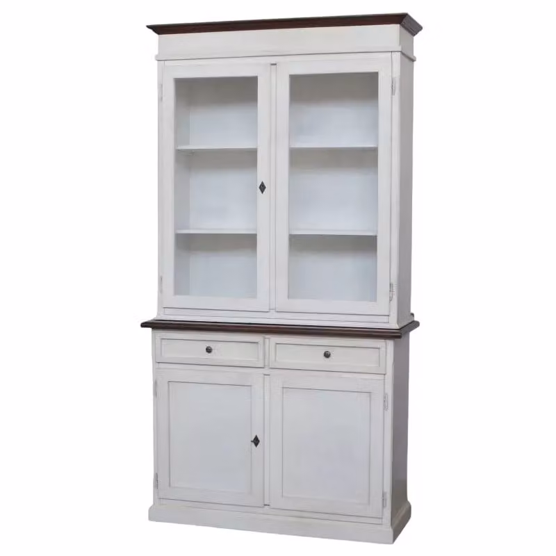 Cristalliera Shabby Chic Mobili 2G in Legno di Pino con Ante in Vetro, Bianco e Noce, L: 105 cm, P: 42 cm, H: 205 cm