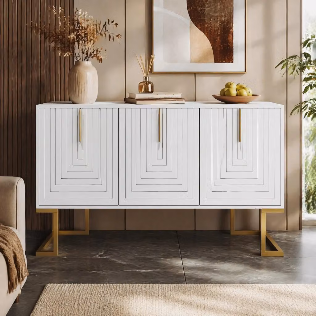 Credenza moderna a 3 ante con ripiani regolabili, texture a U e base in metallo bianca – 2