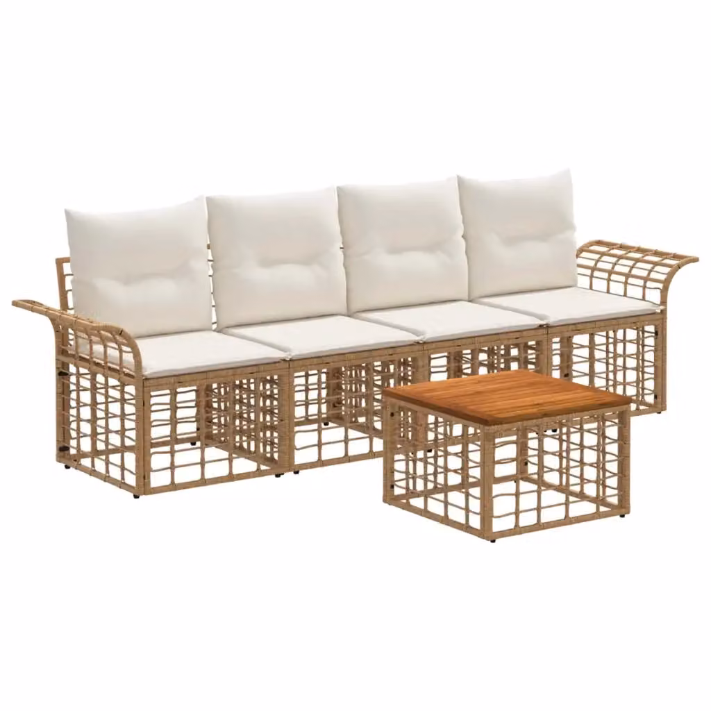 Set di divani da esterno vidaXL composto da 5 pezzi con tavolino, inclusi due divani a 3 posti, un divano a 2 posti e poltrone, in colori beige, bianco e marrone con struttura in acciaio verniciato a polvere e cuscini in schiuma con rivestimenti rimovibil – 2