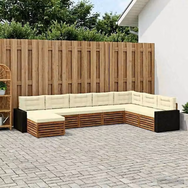 Set di divani da esterno a L con pouf vidaXL in legno di acacia, 8 pezzi, Beige e Bianco