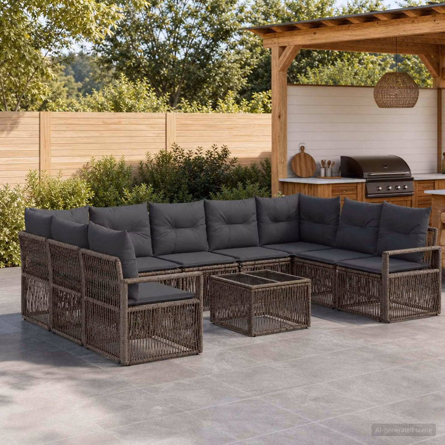 Set Divano da Giardino vidaXL a forma a U in Polyrattan Grigio con Tavolino e Cuscini Imbottiti