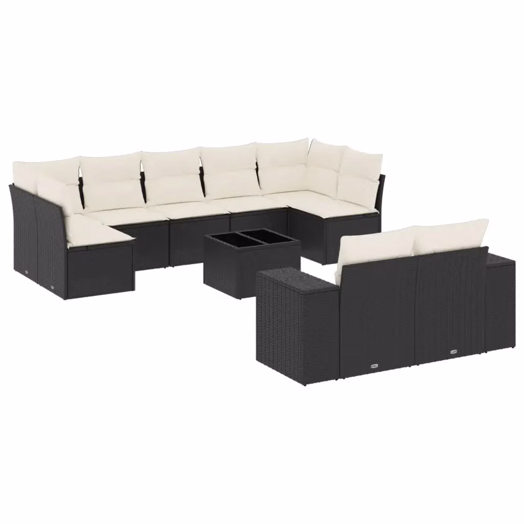 vidaXL Set Divani da Giardino 10 Pezzi in Polyrattan Nero con Cuscini e Tavolino da Esterno – 2