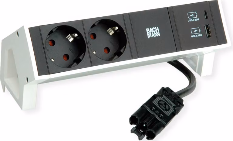 BACHMANN DESK2 2xcontatto protettivo USB A&C, caricatore USB 22W 0,2m GST18 bianco