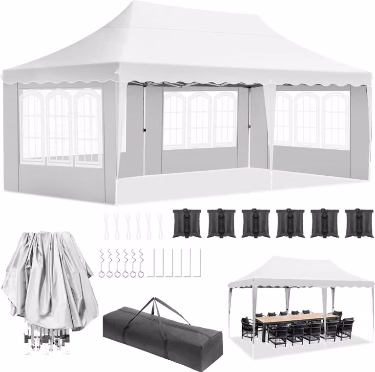Gazebo pieghevole - Tenda pop-up per feste - 3x6 m - HDPE impermeabile rivestito inPoliuretano- UV50+ - Regolabile in altezza - Struttura in alluminio - 4 pareti laterali + 6 sacchetti di sabbia - Bianco