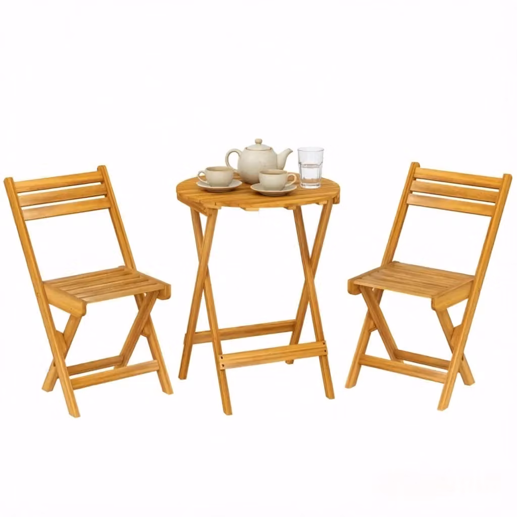 Set Bistrot da Giardino Minimal di 3 Pezzi in Legno di Acacia Marrone con 1 Tavolo Rotondo Pieghevole e 2 Sedie Pieghevoli per Esterno – 2