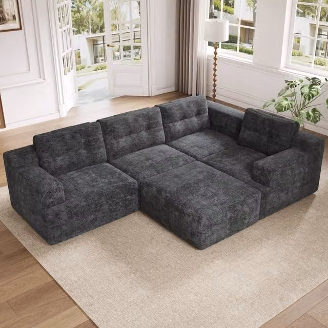 Divano panoramico a U modulare con schiuma integrale e pouf, per 5-6 posti, in chenille grigio 252 × 180 × 82 cm