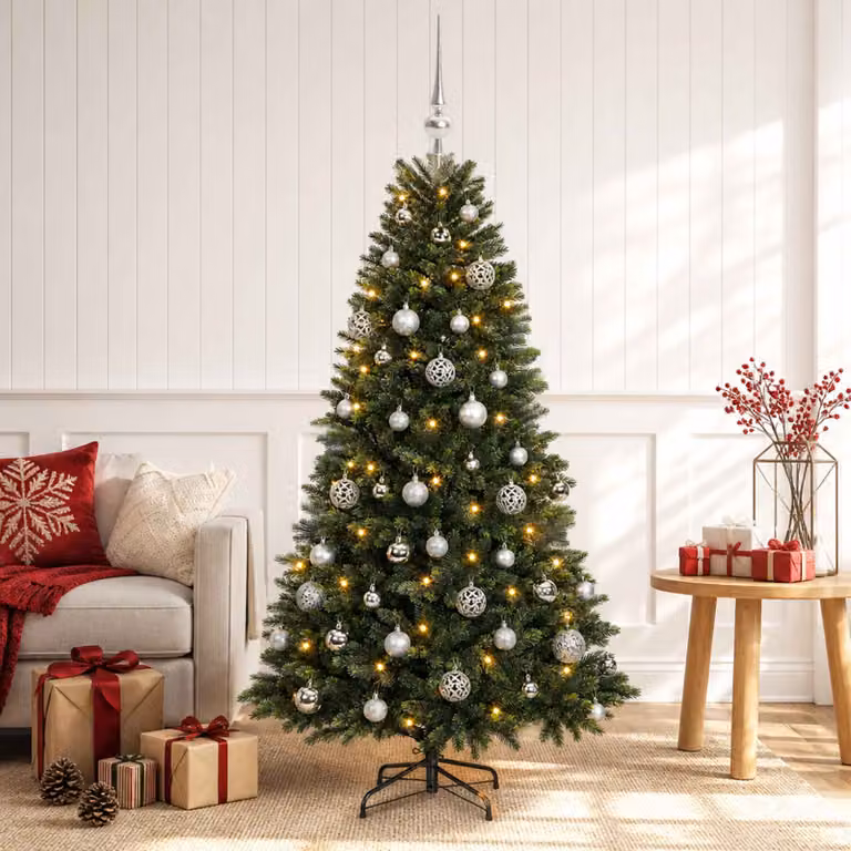Albero di Natale Artificiale Moderno vidaXL Verde con 150 LED Warm White e Palline, Altezza: 120 cm
