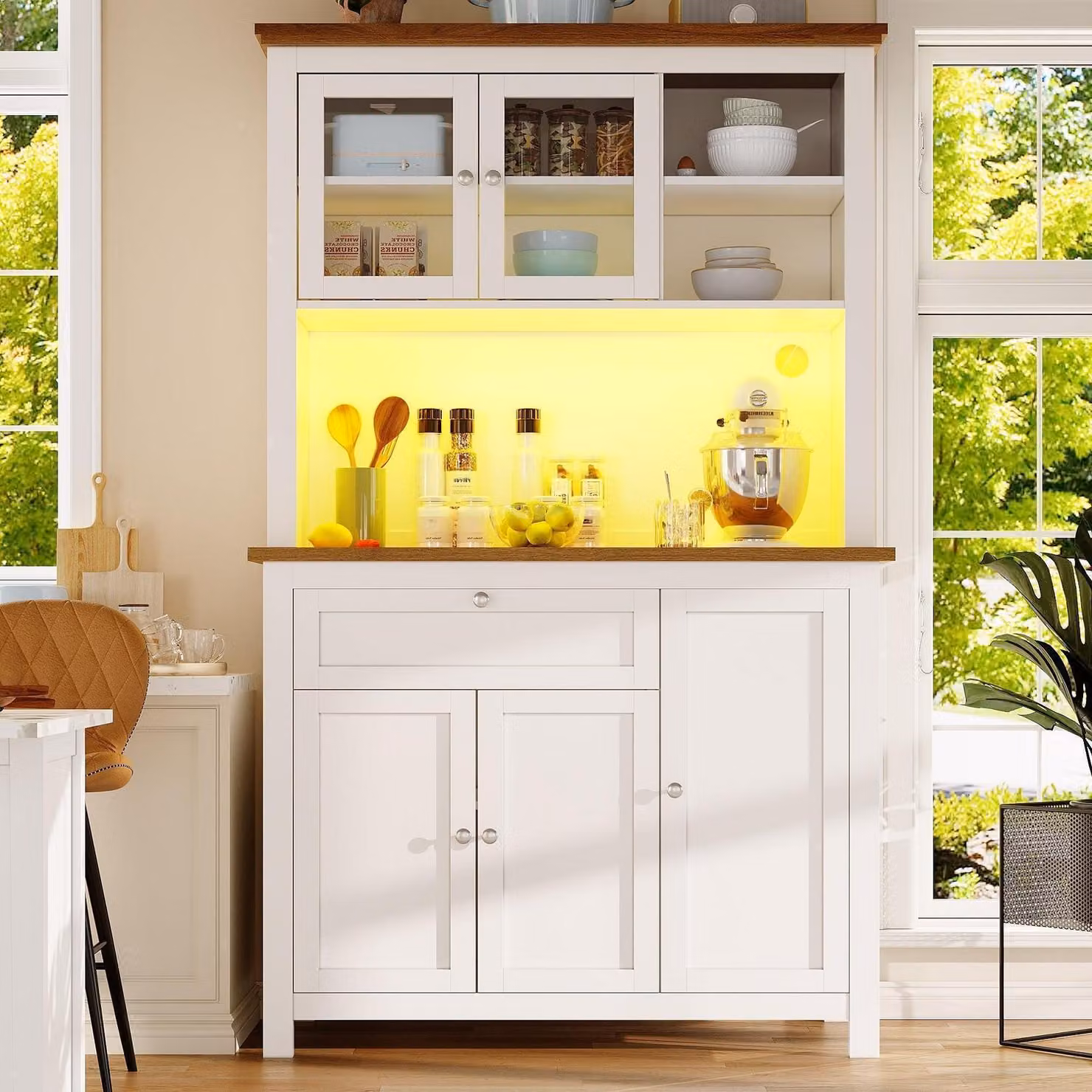 Armadio da cucina alto con LED, 2 ante in vetro, 3 ante, 1 cassetto, dimensioni 104x40x180 cm, colore bianco