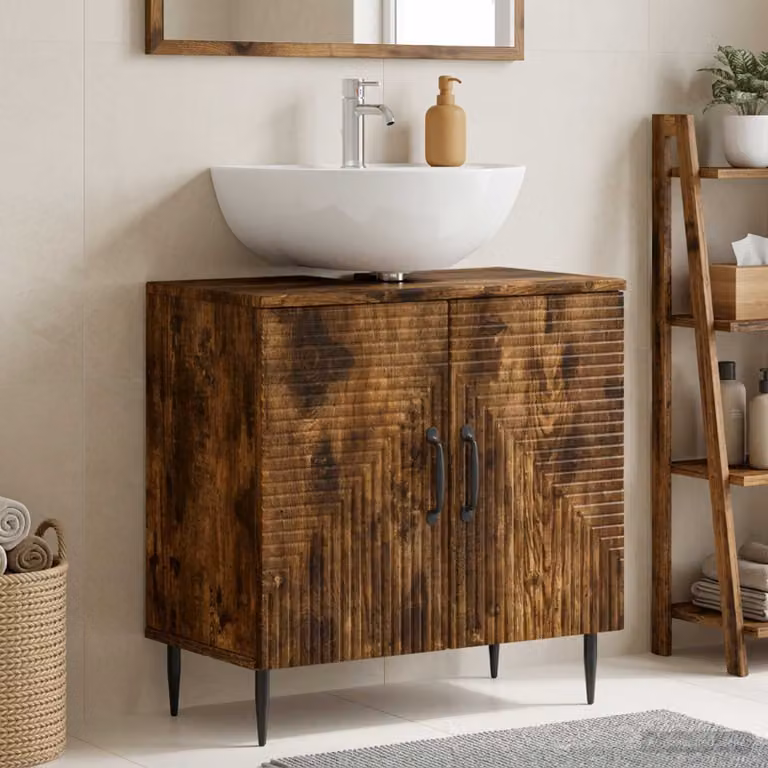Armadio per lavabo da bagno vidaXL HAARLEM Rovere Fumo con ante a battente, design moderno, colore marrone e nero