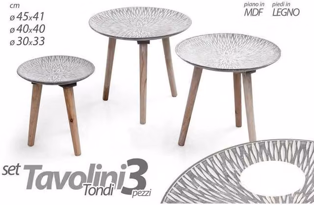 Trade Shop - Set 3 Tavolini Tavolo Mdf Piedi Legno Salotto Giardino ø45-40-30cm Tondi 783944 -