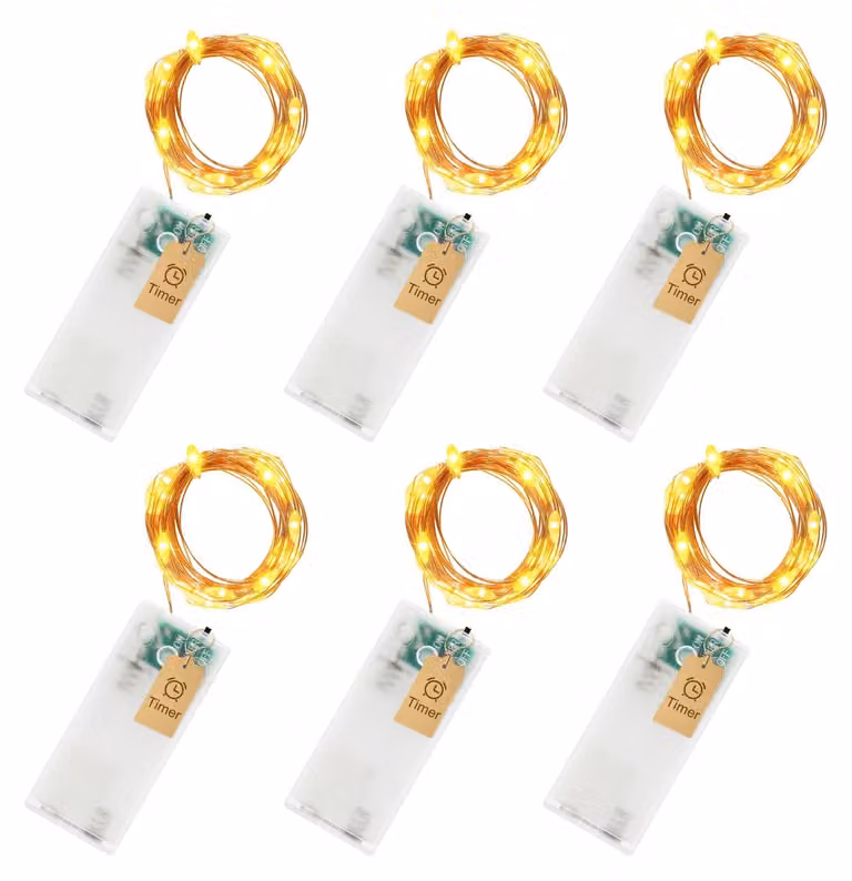 Catena luminosa a LED, confezione da 6, lunghezza 3 metri, 30 LED bianco caldo, con timer, alimentazione a batteria