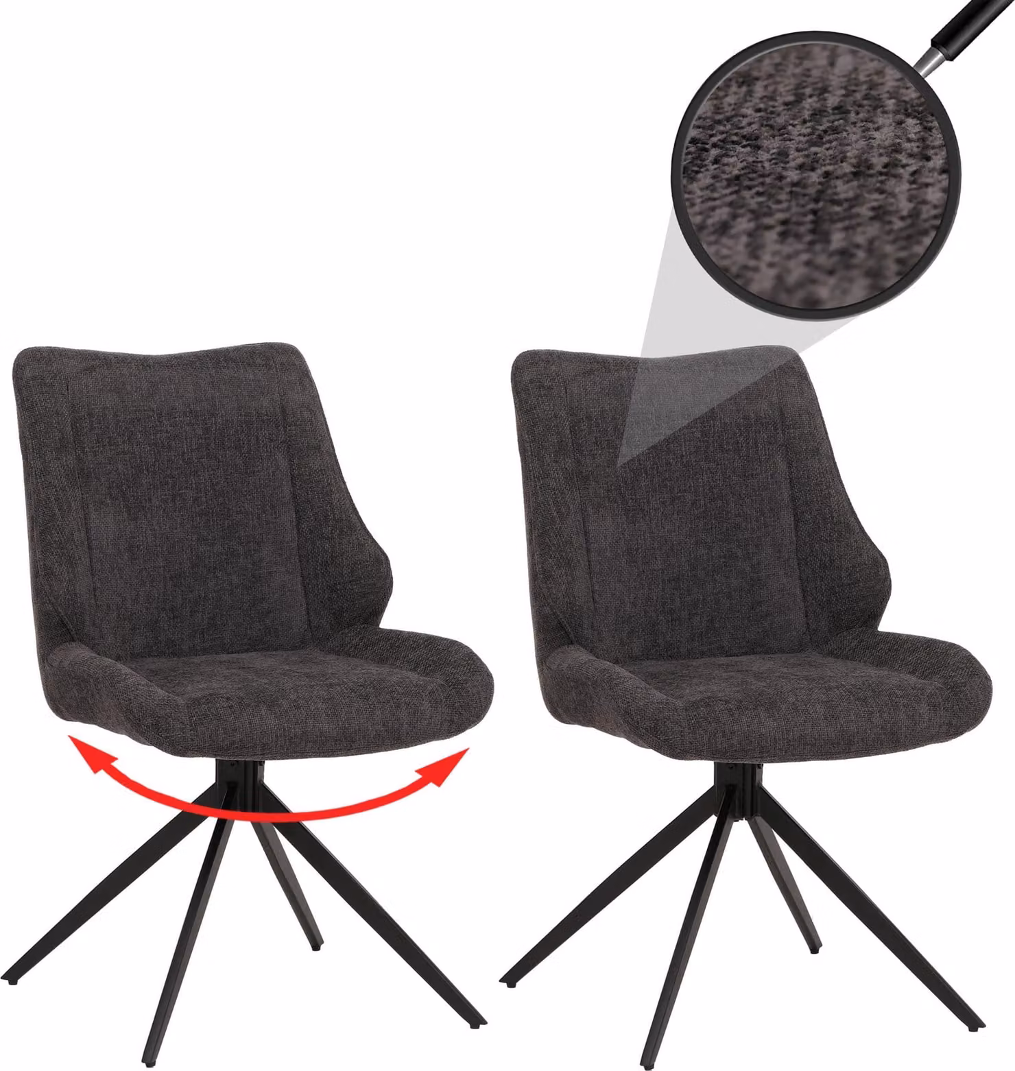 Set di 2 sedie da pranzo HWC-O48, sedia per cucina, girevole con sistema di ritorno automatico, rivestita in tessuto chenille (320g/m²), colore grigio