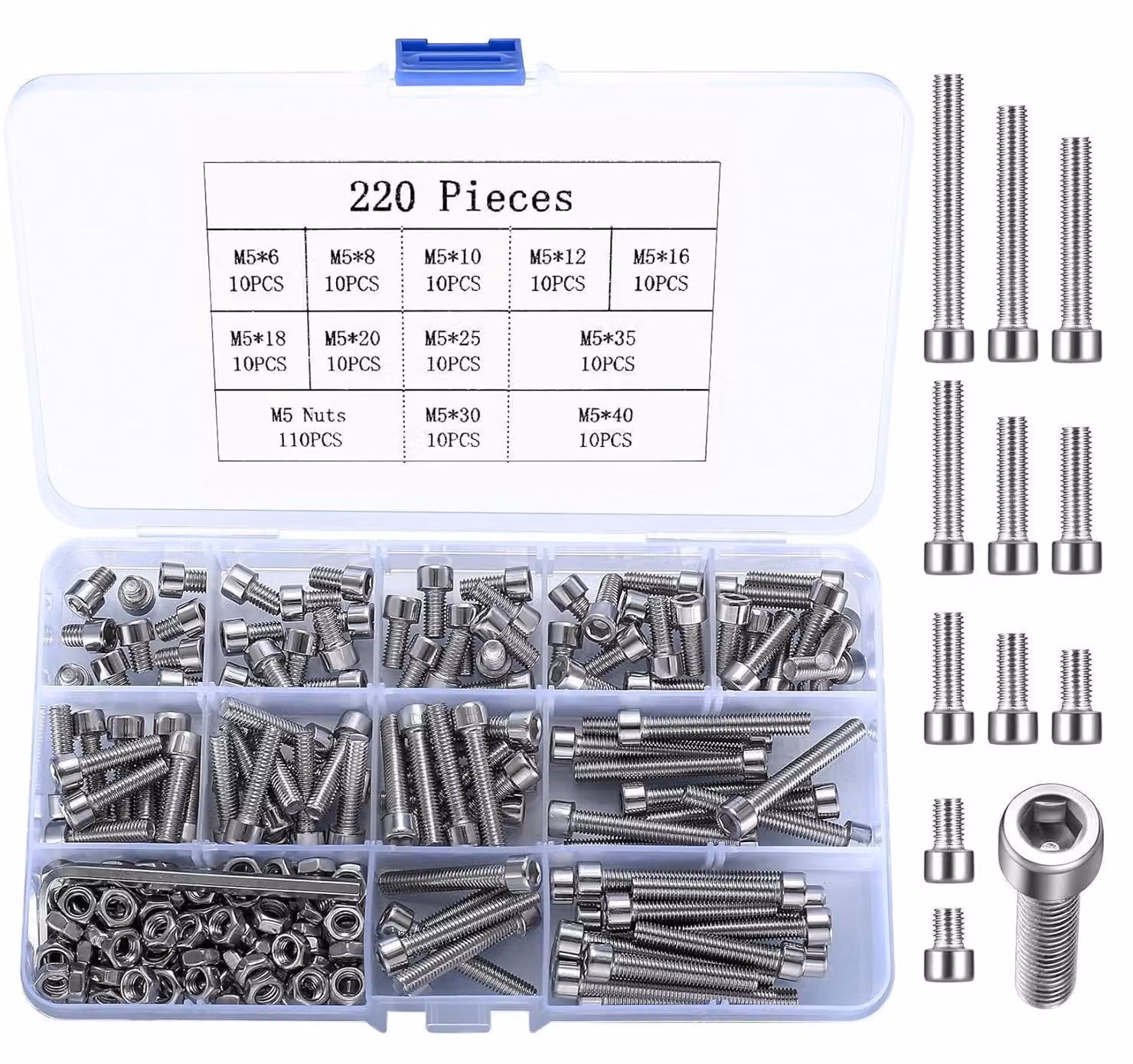 Set di viti M5 in acciaio inossidabile: viti a testa esagonale con dadi e rondelle, 220 pezzi, inclusi 2 chiavi. Colore: argento
