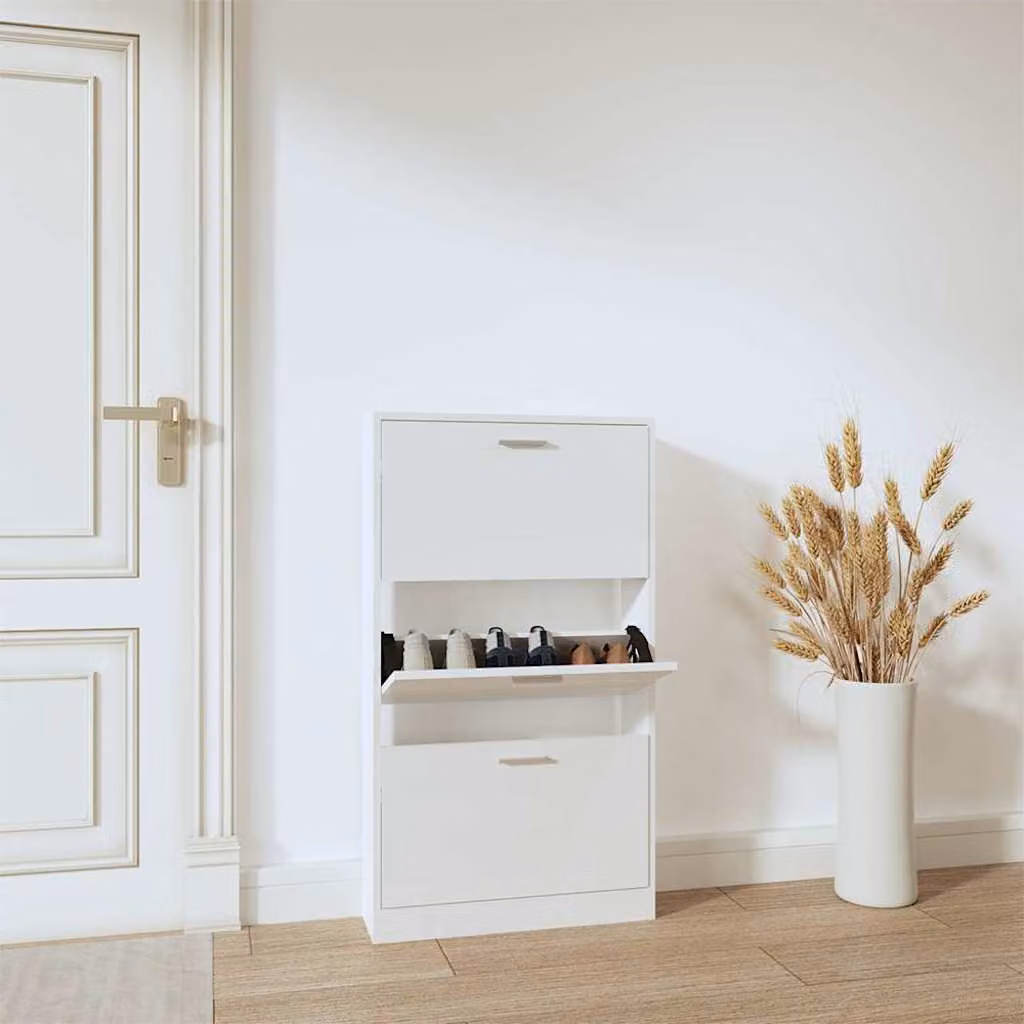Scarpiera moderna vidaXL Bianco Lucido in legno con ripiani interni e scomparti basculanti L/P/H: 59 x 17 x 108 cm
