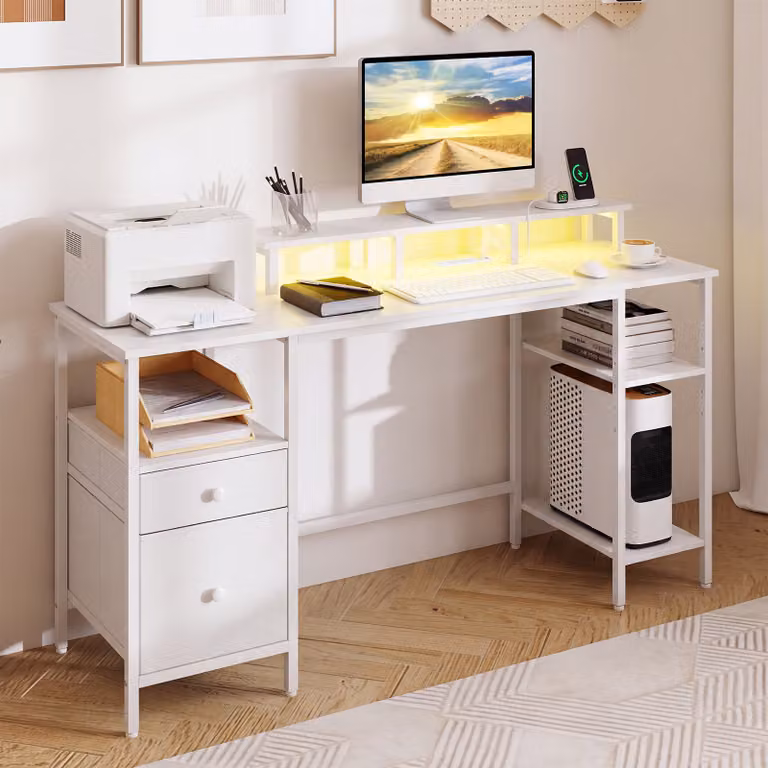 Costway Scrivania reversibile per computer in legno e acciaio, Postazione di lavoro con stazione di ricarica per studio uffico Bianco