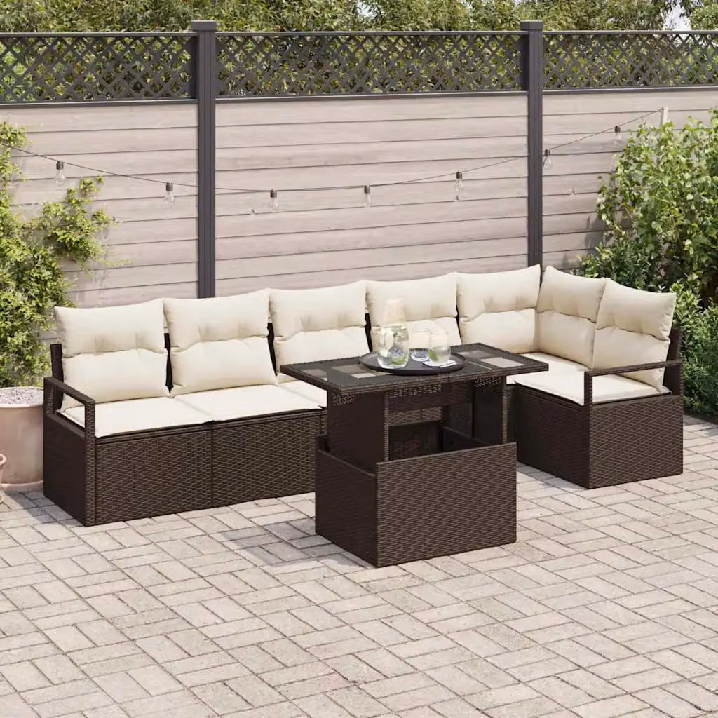 Set Divano da Giardino vidaXL 7 Pezzi in Polyrattan Marrone con Cuscini e Tavolino – 1