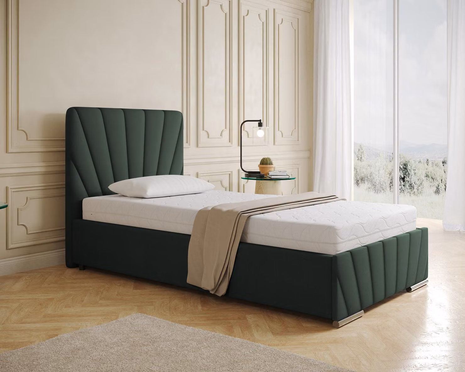 Letto imbottito RAY - Letto comfort con contenitore, letto singolo, verde scuro, 100x200 cm, materasso a molle insacchettate, H3