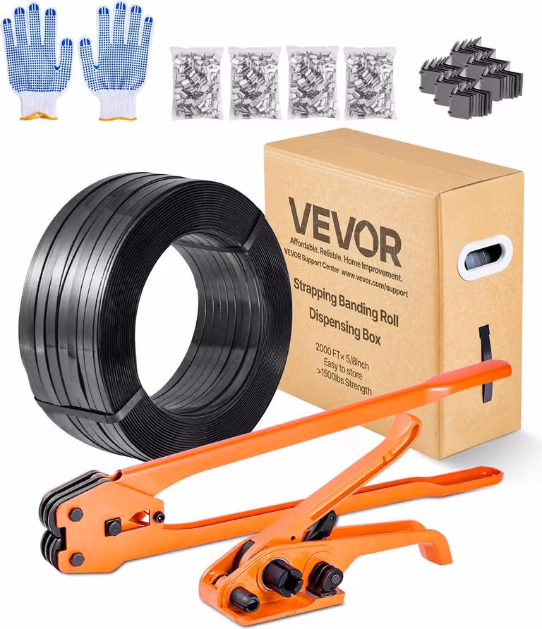 Kit di reggiatura, sigillatrice per reggiatura per impieghi gravosi con 610 m di nastro in PET, 600 sigilli metallici, 200 protezioni angolari, kit di reggiatura per imballaggio di pallet in plastica per magazzino, trasporto, casa