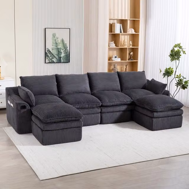Divano modulare componibile OKWISH a 4 posti in velluto a coste grigio con cuscini e tasche laterali per il tuo soggiorno