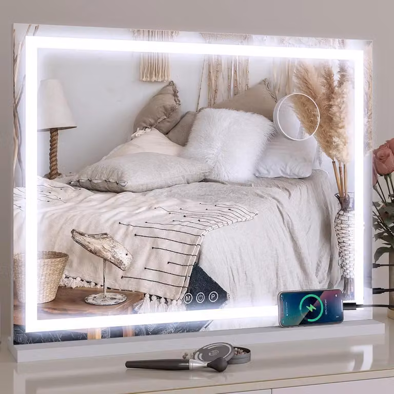 Specchio da trucco, specchio cosmetico, 58x45 cm, specchio "Hollywood", con illuminazione LED dimmerabile, 3 colori, 2 in 1: specchio da tavolo e specchio da parete, forma rettangolare