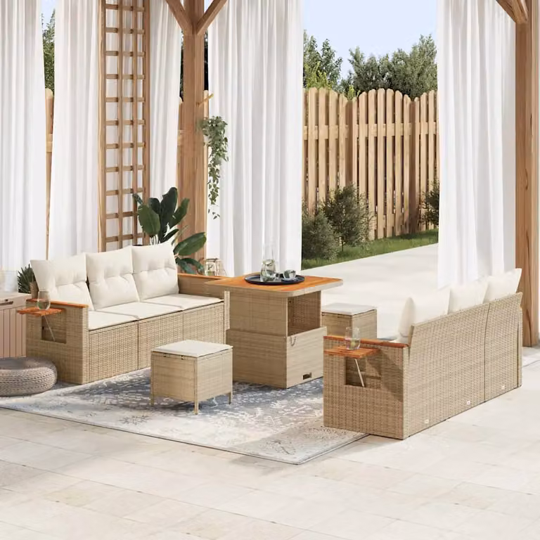 Set Divano da Giardino vidaXL 11 Pezzi a Forma di L con Tavolino e Ottoman, Colore Beige