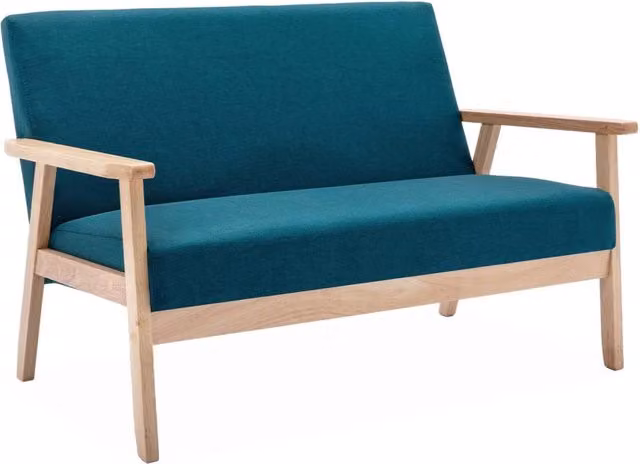 Divano in tessuto con gambe in legno di gomma, 2 posti, blu smeraldo
