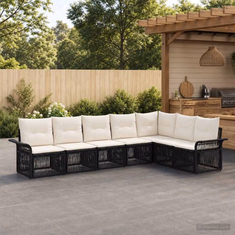 Set Divano da Giardino vidaXL 7 pz Moderno a L in Polyrattan Nero con Cuscini e Struttura in Acciaio Verniciato a Polvere