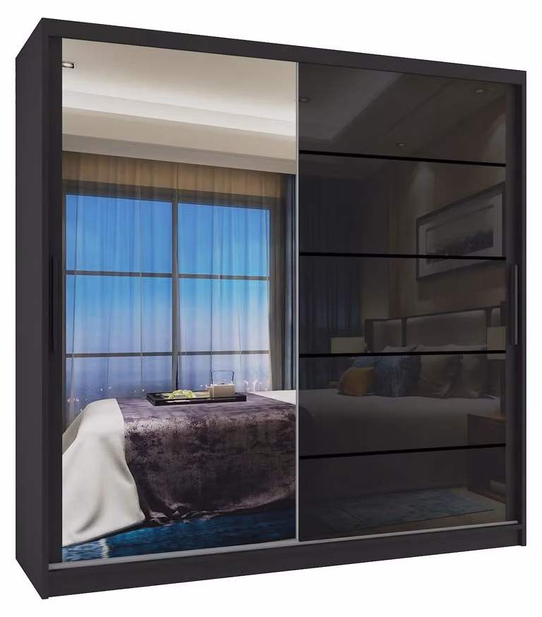 BELINI Verona, armadio scorrevole da 200 cm, nero lucido - armadio per camera da letto con specchio e 2 cassetti