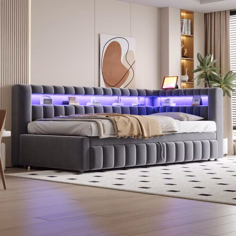 Letto a giorno okwish 90x200 con materasso e letto estraibile, motivo a righe, letto imbottito con LED e USB, lettino per bambini con spazio contenitivo, colore grigio scuro