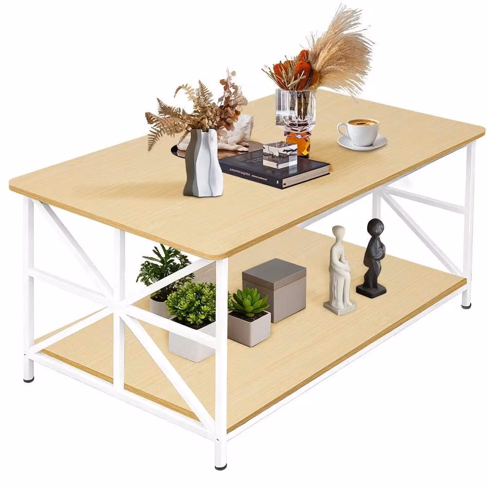 Tavolino da salotto - Tavolino rettangolare - Con ripiano inferiore - Struttura in metallo - Piano in legno - Dimensioni: 100x52x47 cm - Colore: 2