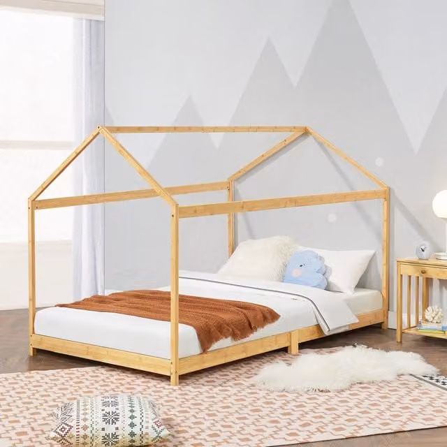 Letto per camerata Vindafjord en.casa a forma di casetta in bambù naturale beige L/P/H: 200 x 90 x 103,5 cm