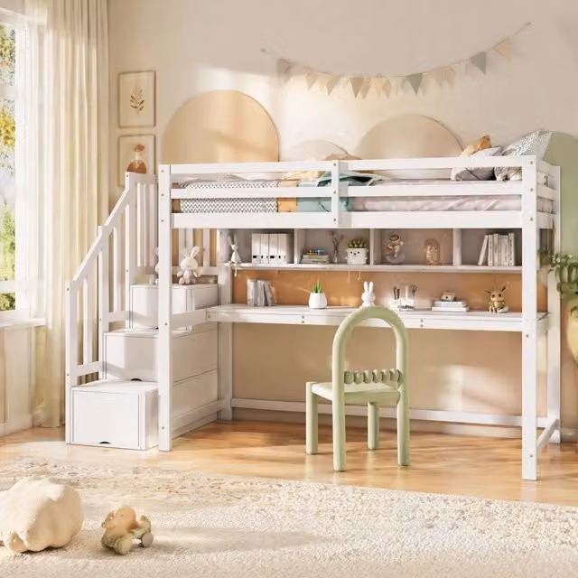 Desviae Letto a Soppalco per Bambini 1 Posto con Scala Contenitore, Scrivania e Scaffale 90 × 200 cm senza materasso