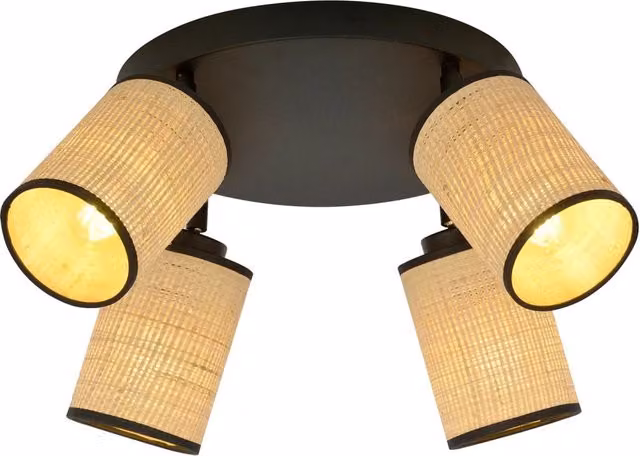 Plafoniera Tonda Bronx Luceart-Classic con 4 Luci Regolabili in Acciaio Nero e Rattan Beige