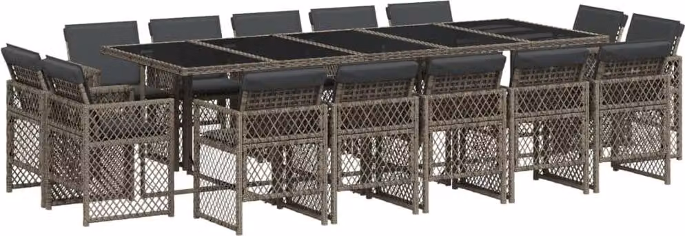 Set da Pranzo da Giardino 15 pz con Cuscini Grigio Polyrattan