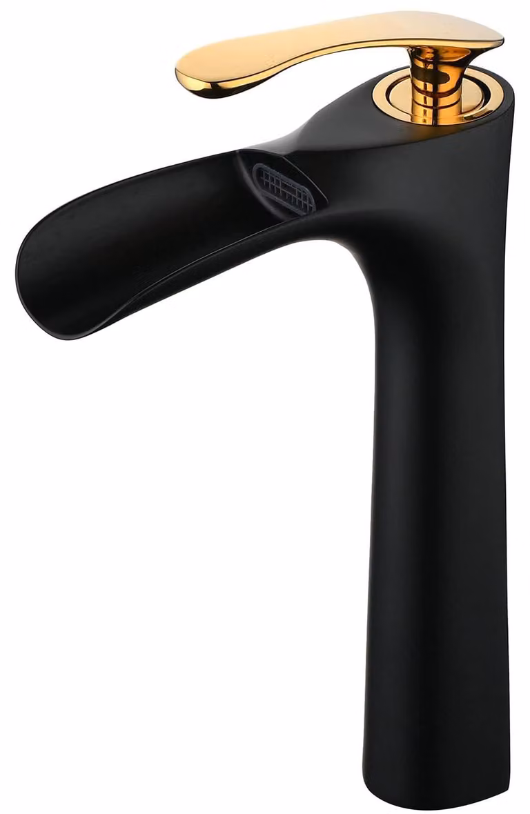 Rubinetto da bagno, finitura opaca nera, design a cascata, ottone, valvola in Vetroceramica