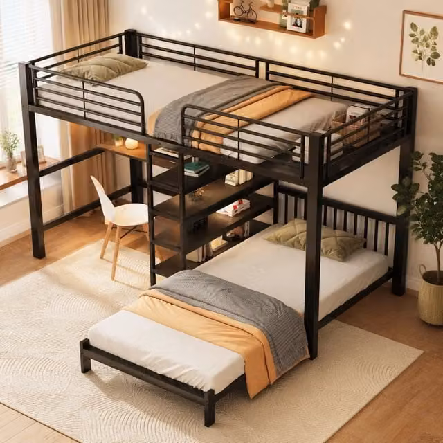 Letto a soppalco singolo MIVRAY con scrivania a L, scale con vani e prese USB e Type-C, colore nero, L/P/H: 90 x 200 x 205 cm
