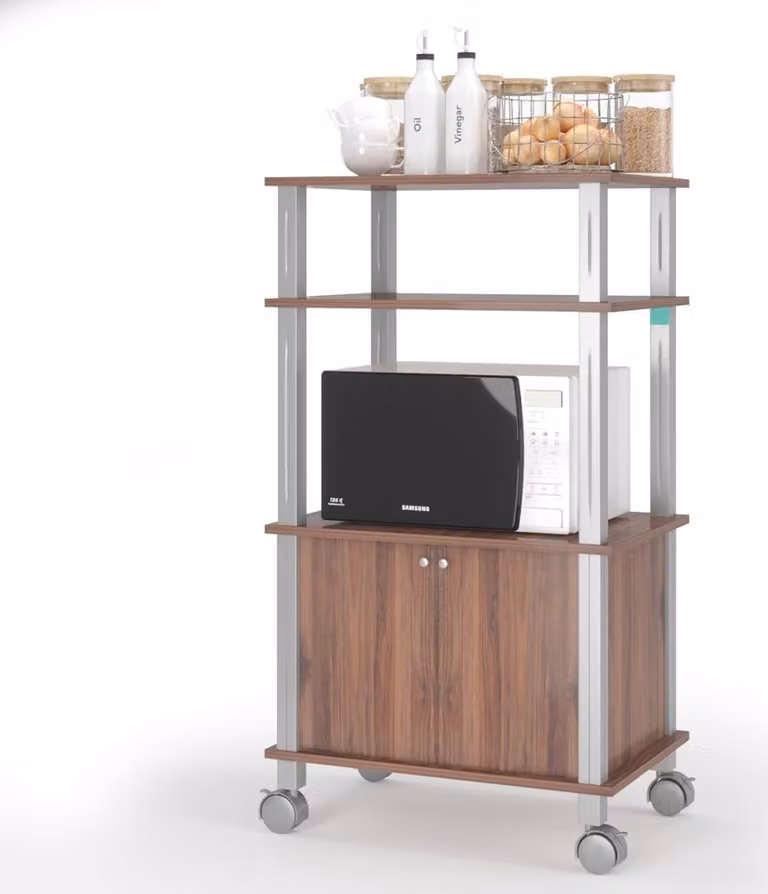 KOMFOTTEU Scaffale da cucina a 3 ripiani, scaffale per microonde, scaffale per microonde su rotelle, scaffale da fornaio, scaffale a colonna con ante, mobile per microonde, carrello da cucina in legno, carrello ausiliario 60x40x98 cm
