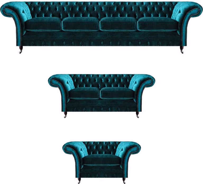 Grüne Chesterfield Textil Garnitur Wohnzimmer Designer Sofa Set 3tlg