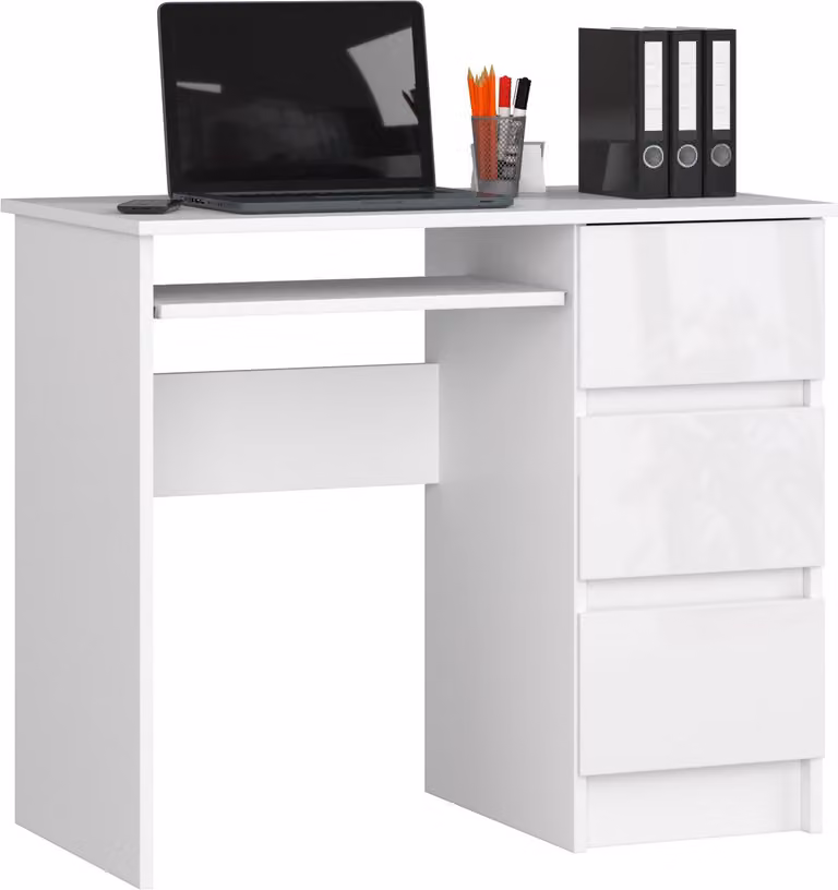 Scrivania compatta con finitura lucida, dotata di 4 cassetti sul lato destro. Dimensioni: altezza 77 cm, larghezza 90 cm, profondità 50 cm