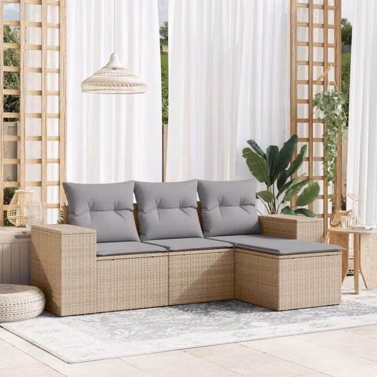 Set Divano da Giardino vidaXL 4 pz in Polyrattan con Cuscini Beige e Grigio a Forma di L