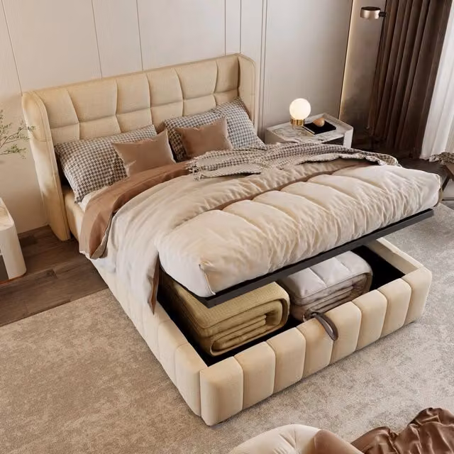 Letto matrimoniale 140 x 200 cm, testiera imbottita, vano portaoggetti, tessuto di lino, beige