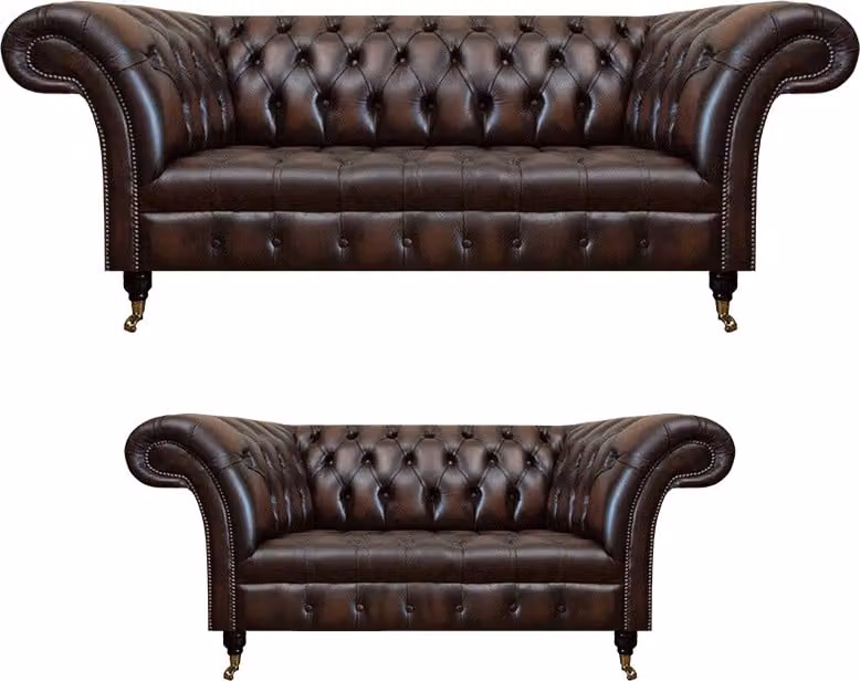 Chesterfield Braun Sofa Set Dreisitzer Sofa Couch Zweisitzer Wohnzimmer