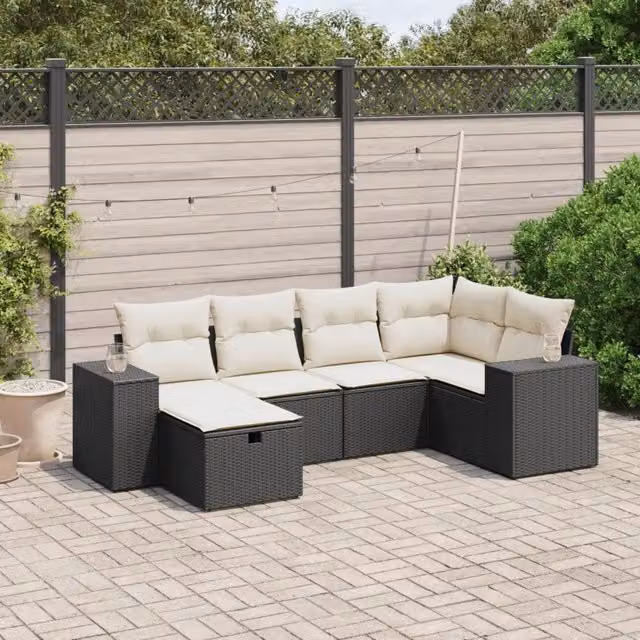 Set Divano da Giardino a L vidaXL in Polyrattan Nero con 6 Cuscini e Ottoman – 1
