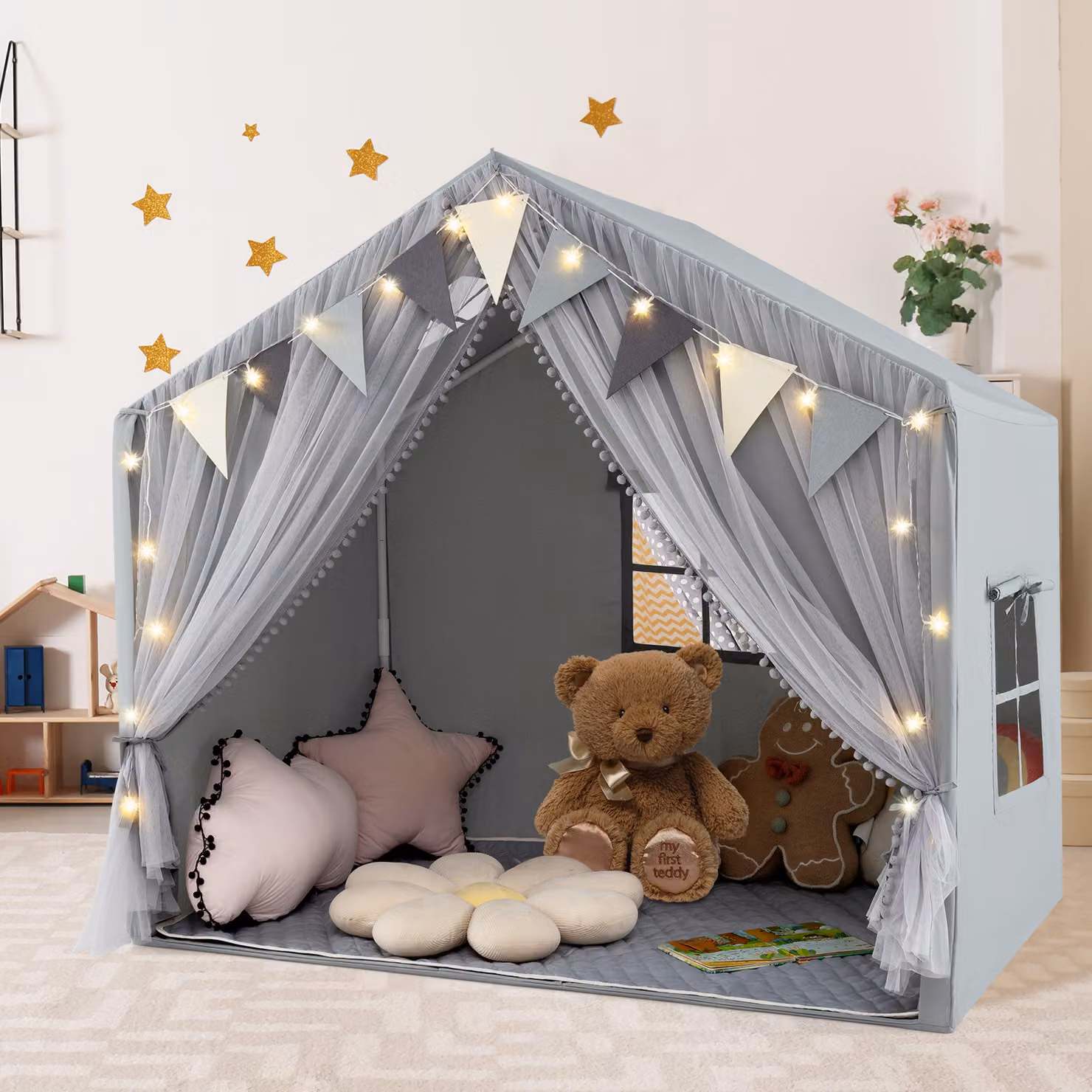 Tenda da gioco per bambini Costway con rete, luci a stella e materassino in cotone, Grigio